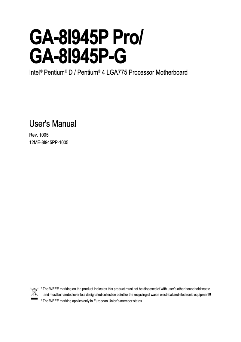 Page 1 de la notice Manuel utilisateur Gigabyte GA-8I945P-G