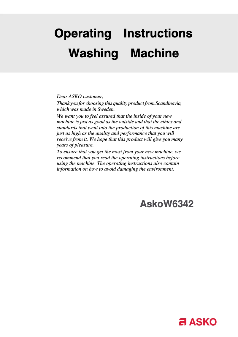 Page 1 de la notice Manuel utilisateur Asko W6342