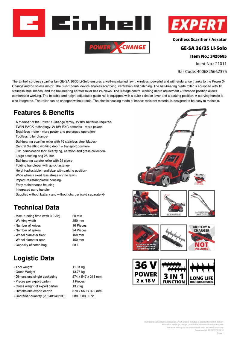 Página 1 del manual Ficha técnica Einhell GE-SA 36/35 Li