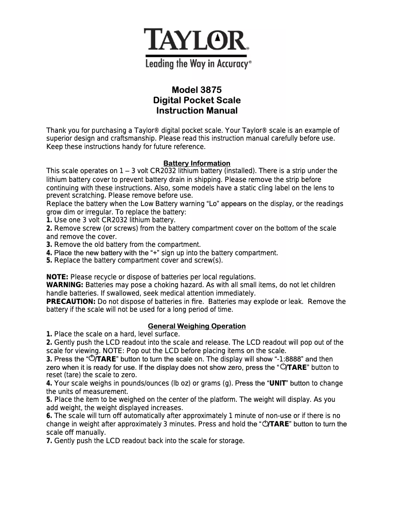 Page 1 of the manual User Manual Taylor 3875