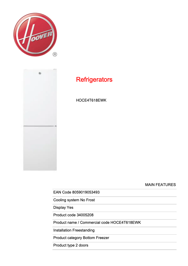 Página 1 del manual Ficha técnica Hoover HOCE4T618EWK