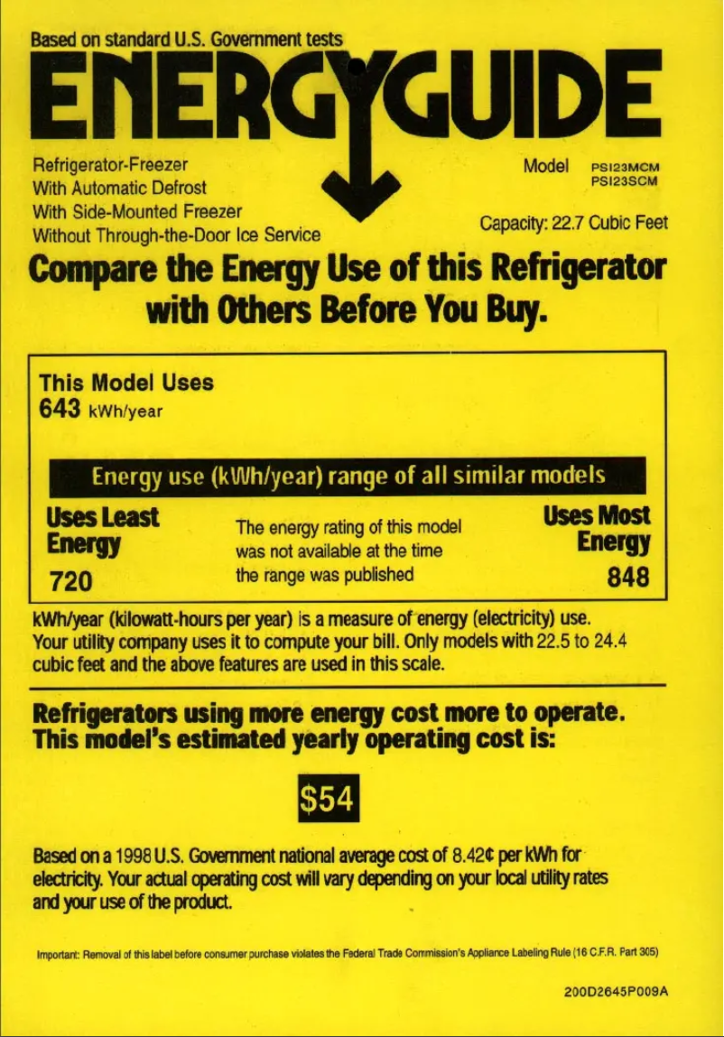 Page 1 de la notice Label énergétique GE Profile Arctica CustomStyle PSI23MCLCC