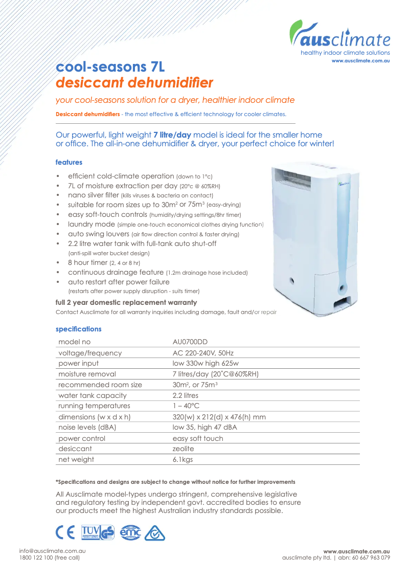 Page 1 de la notice Fiche technique Ausclimate Cool Seasons 7L AU0700DD