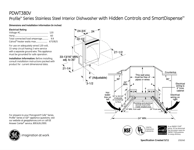 Page n°1 - Fiche technique GE Profile PDWT300VWW