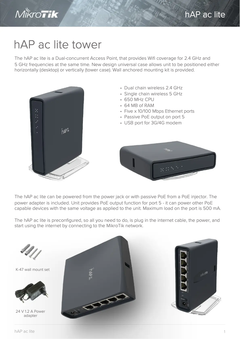 Page 1 de la notice Brochure Mikrotik hAP ac lite TC