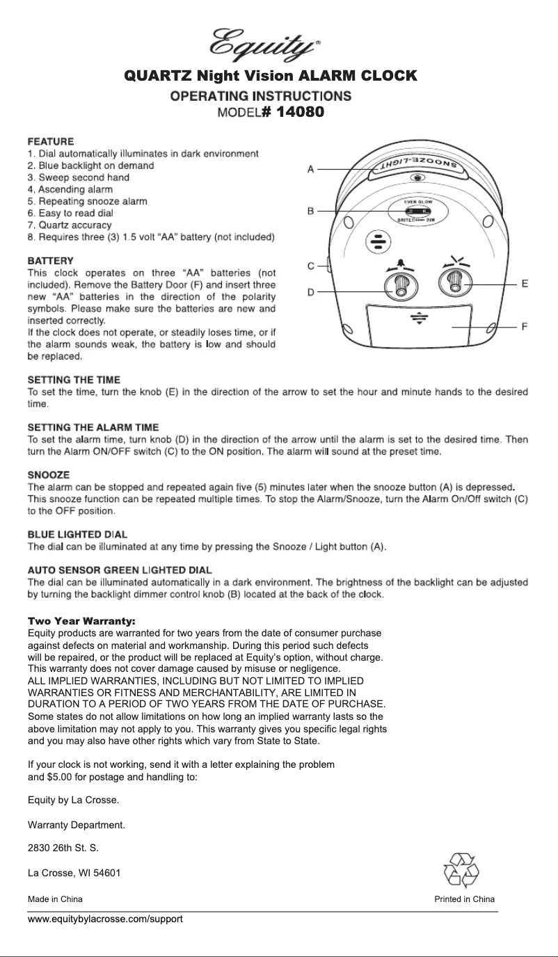 Page 1 de la notice Manuel utilisateur Equity 14080