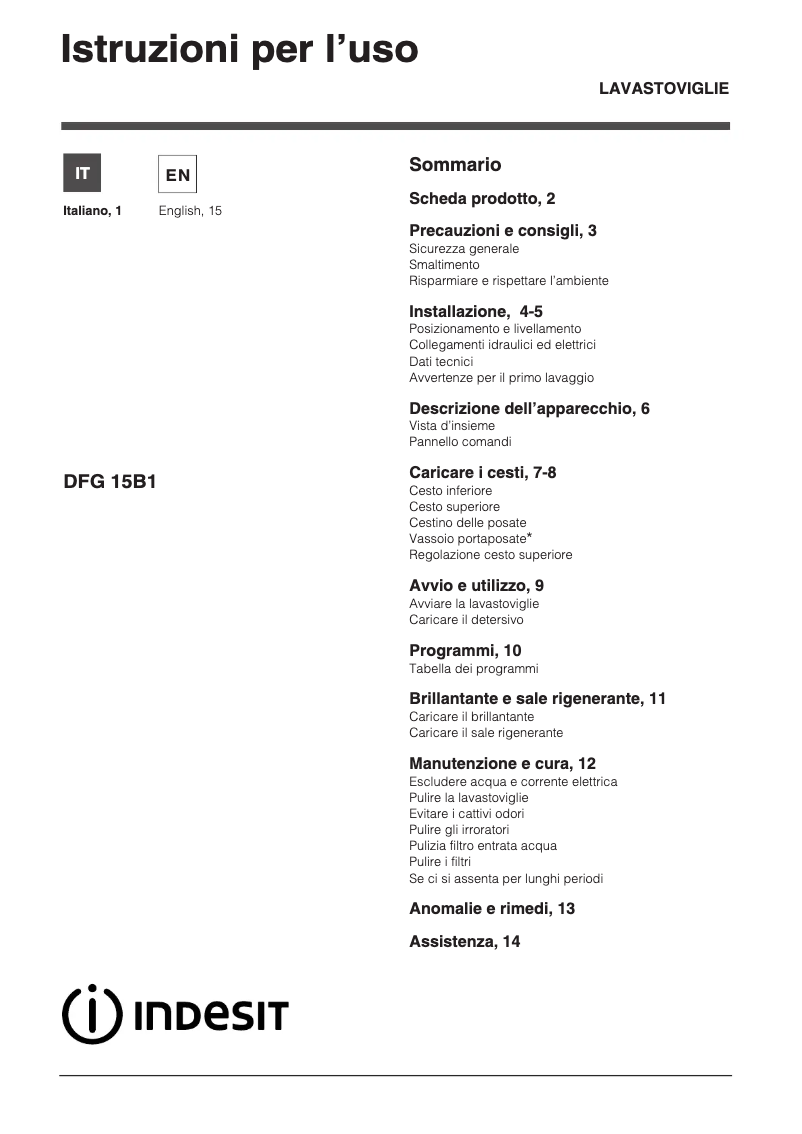Page n°1 - Manuel utilisateur Indesit DFG 15B1 S IT
