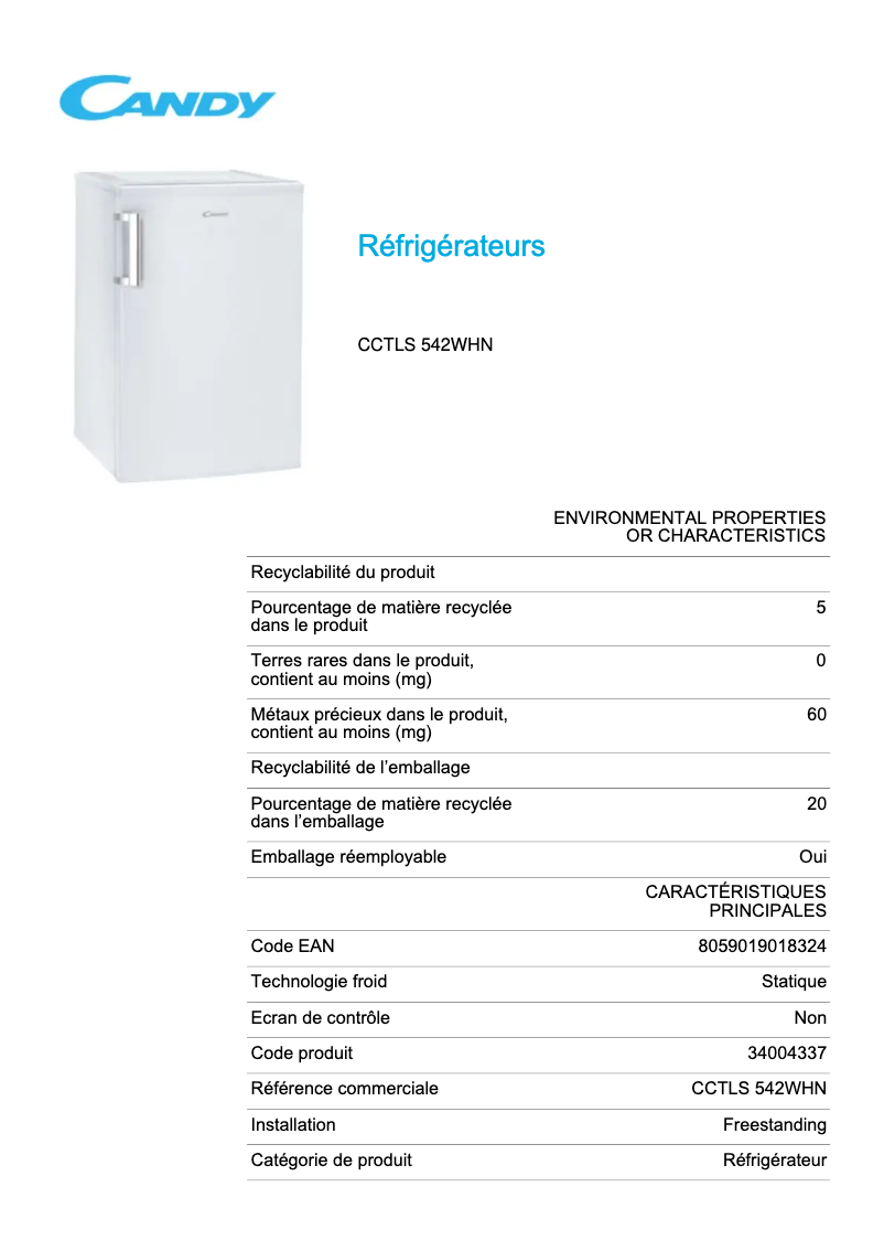 Page 1 of the manual Technical Sheet Candy CCTLS 542WHN