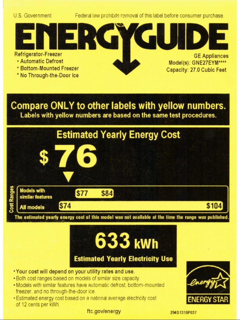 Page 1 de la notice Label énergétique GE GNE27EYMFS