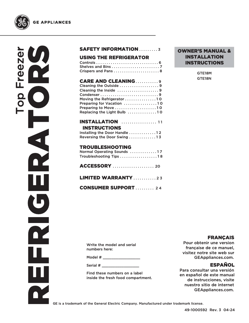 Page 1 of the manual Use and Maintenance Manual GE GTE18MSRRSS