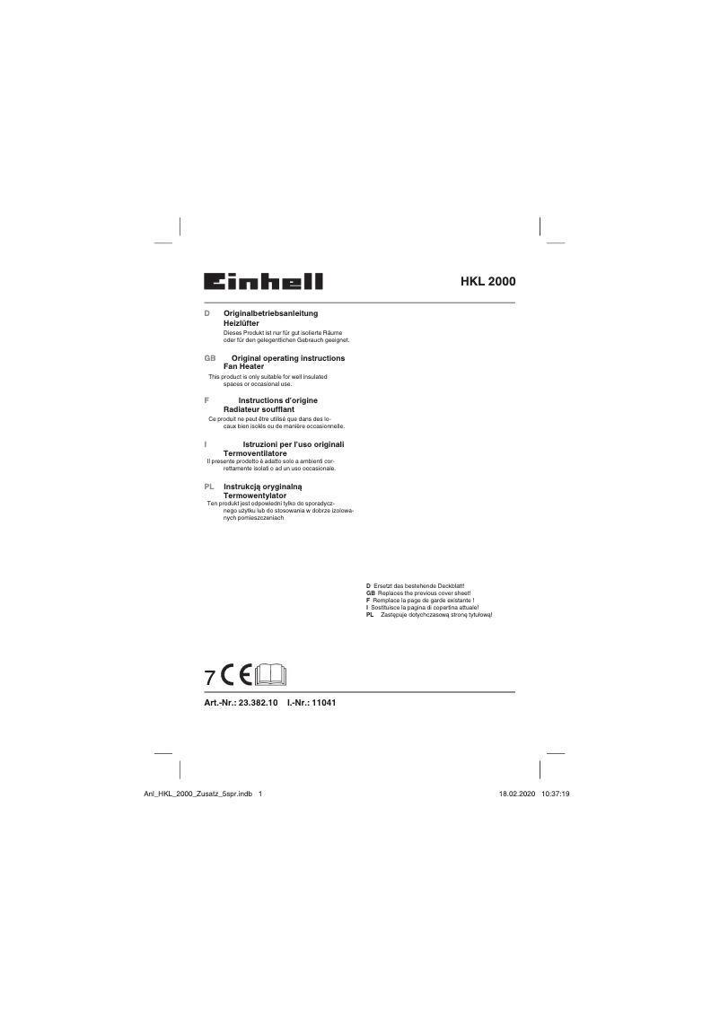 Page 1 de la notice Manuel utilisateur Einhell HKL 2000