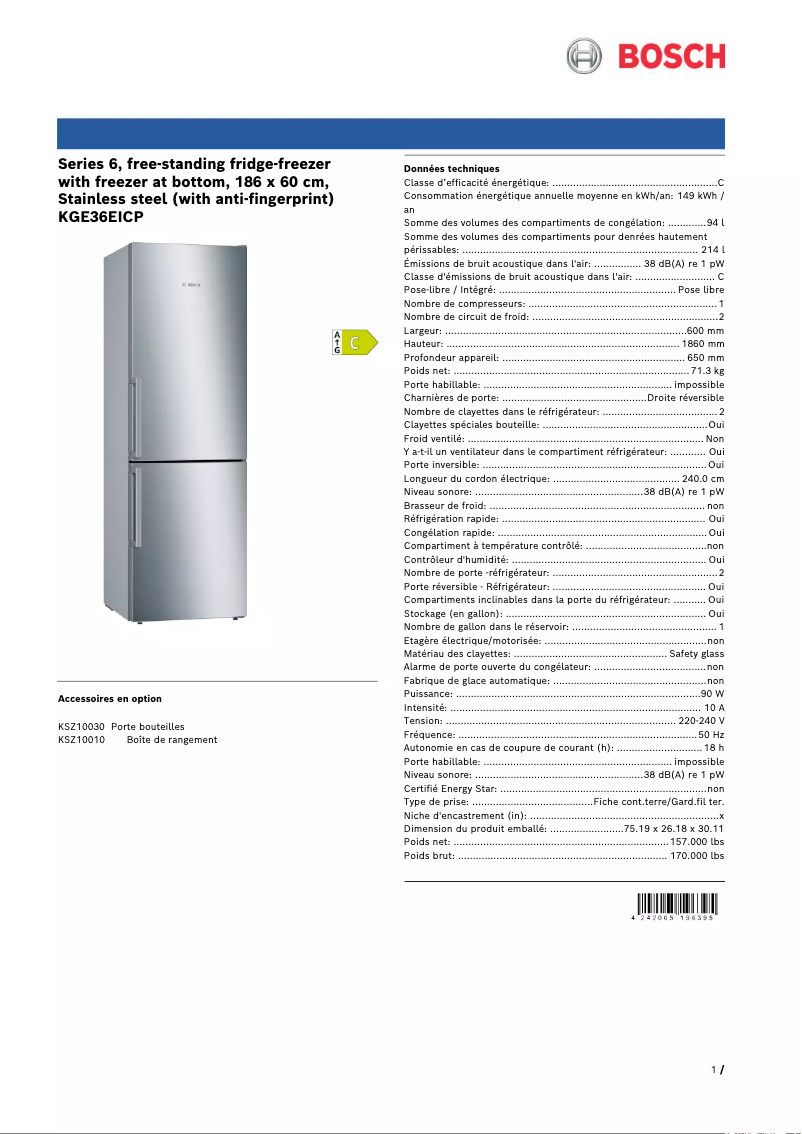 Page 1 de la notice Fiche technique Bosch KGE36EICP