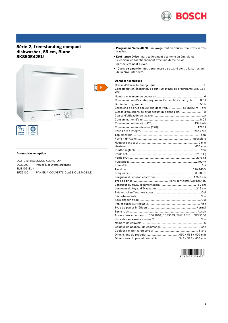 Page 1 of the manual Technical Sheet Bosch SKS50E42EU
