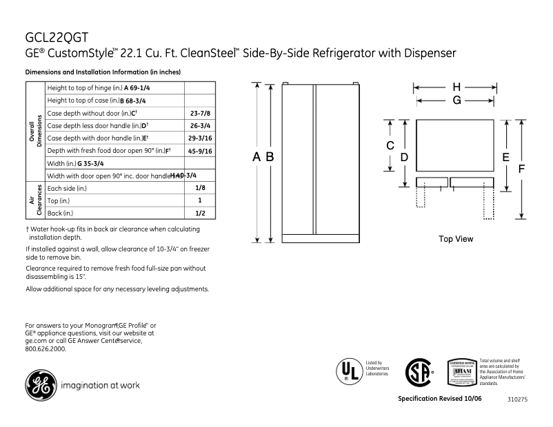 Page n°1 - Fiche technique GE GCL22QGTSV