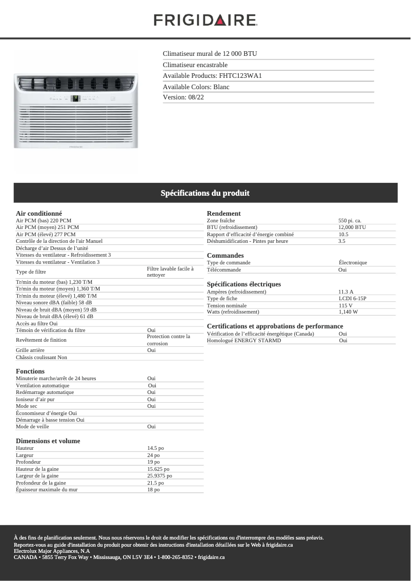 Page 1 de la notice Fiche technique Frigidaire FHTC123WA1