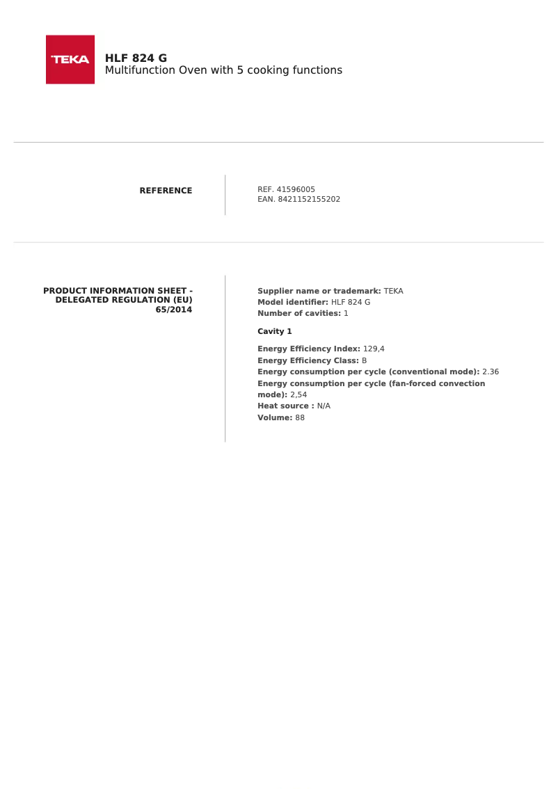 Page 1 de la notice Fiche technique Teka HLF 824 G