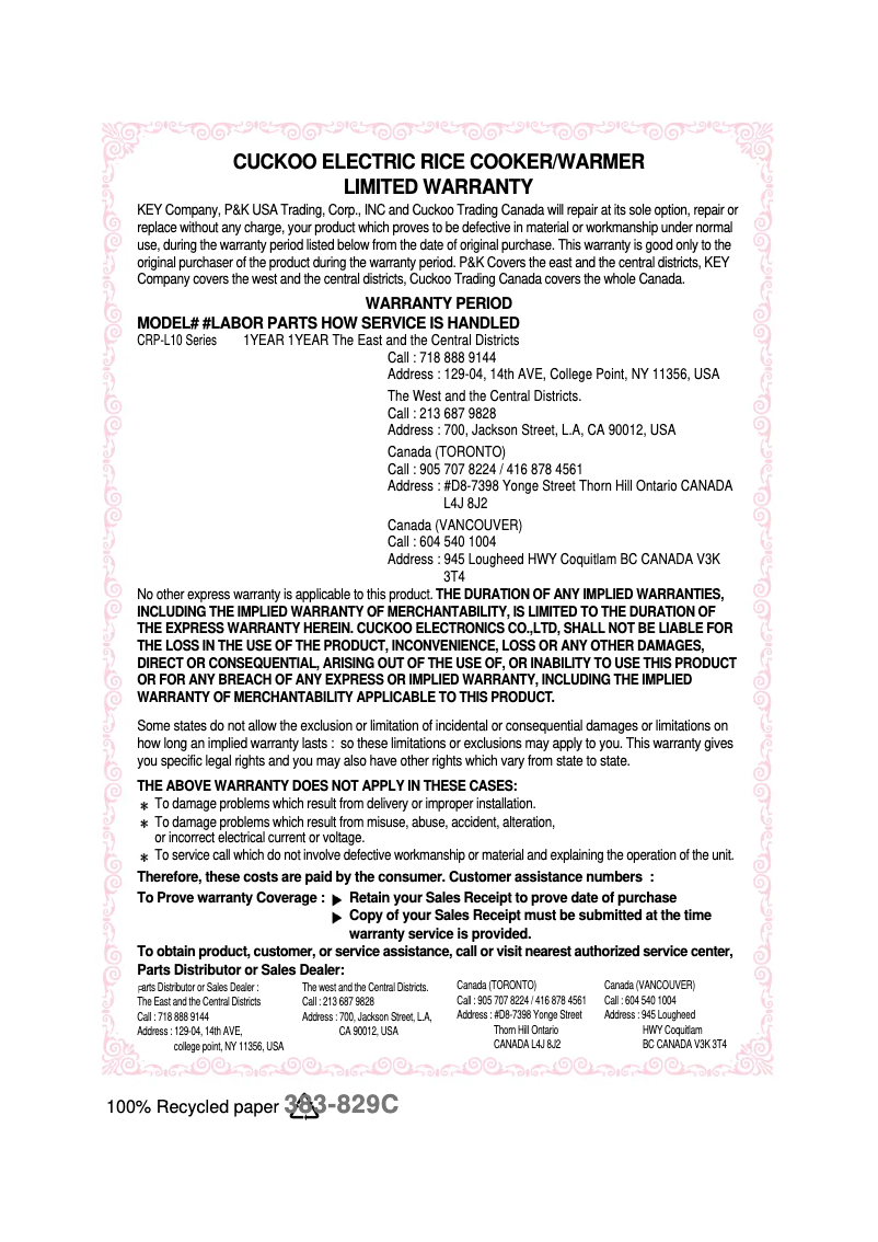 Page 1 de la notice Manuel utilisateur Cuckoo CRP-L1010F