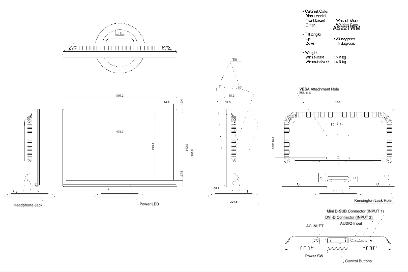 Page 1 de la notice Dessin technique NEC AccuSync AS221WM