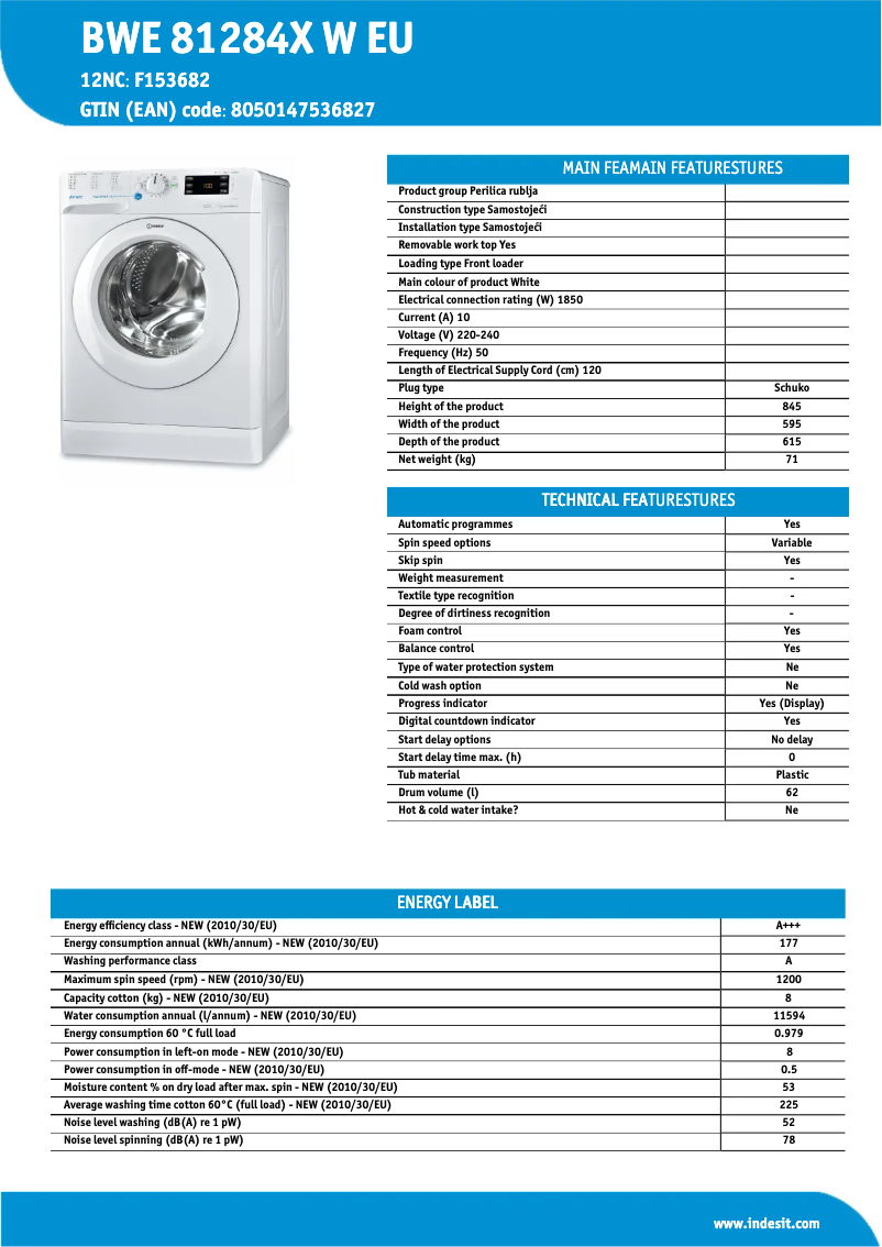 Page n°1 - Fiche technique Indesit BWE 81284X W EU
