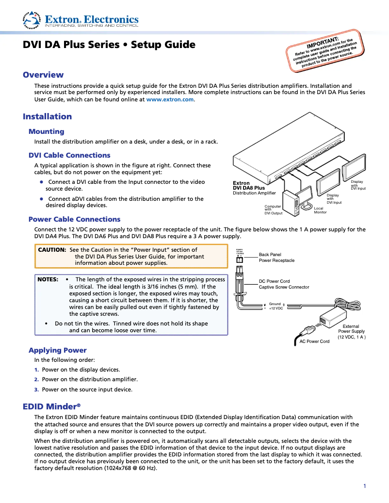 Page 1 de la notice Manuel utilisateur Extron DVI DA Plus Series