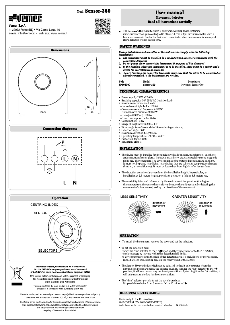 Página 1 del manual Manual de usuario Vemer Sensor-360