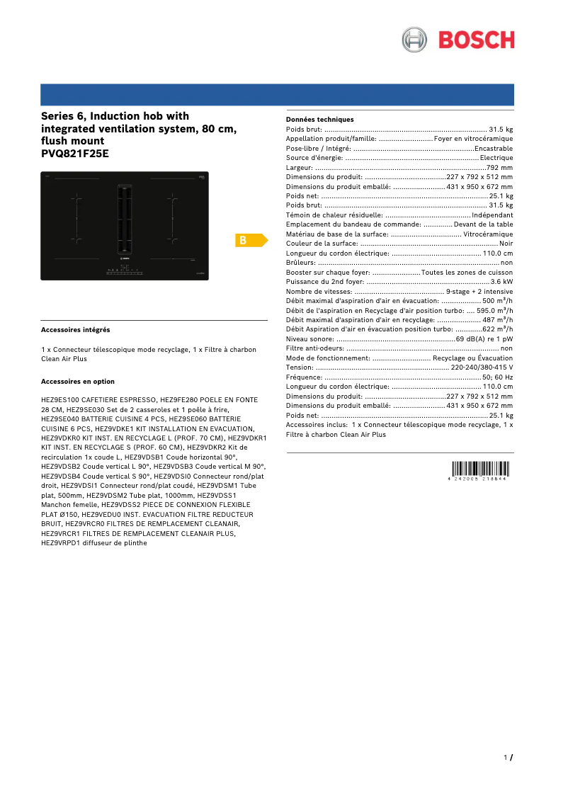 Page 1 de la notice Fiche technique Bosch PVQ821F25E