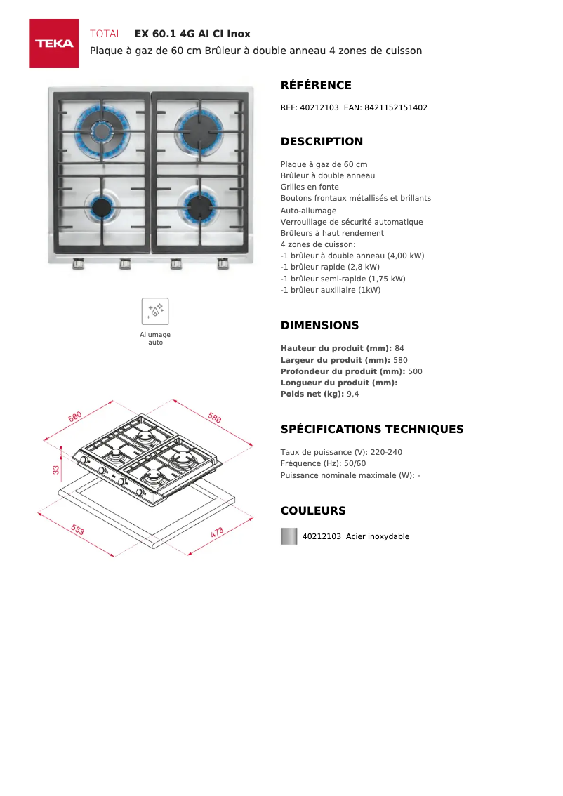 Page 1 de la notice Fiche technique Teka EX 60.1 4G AI AL CI