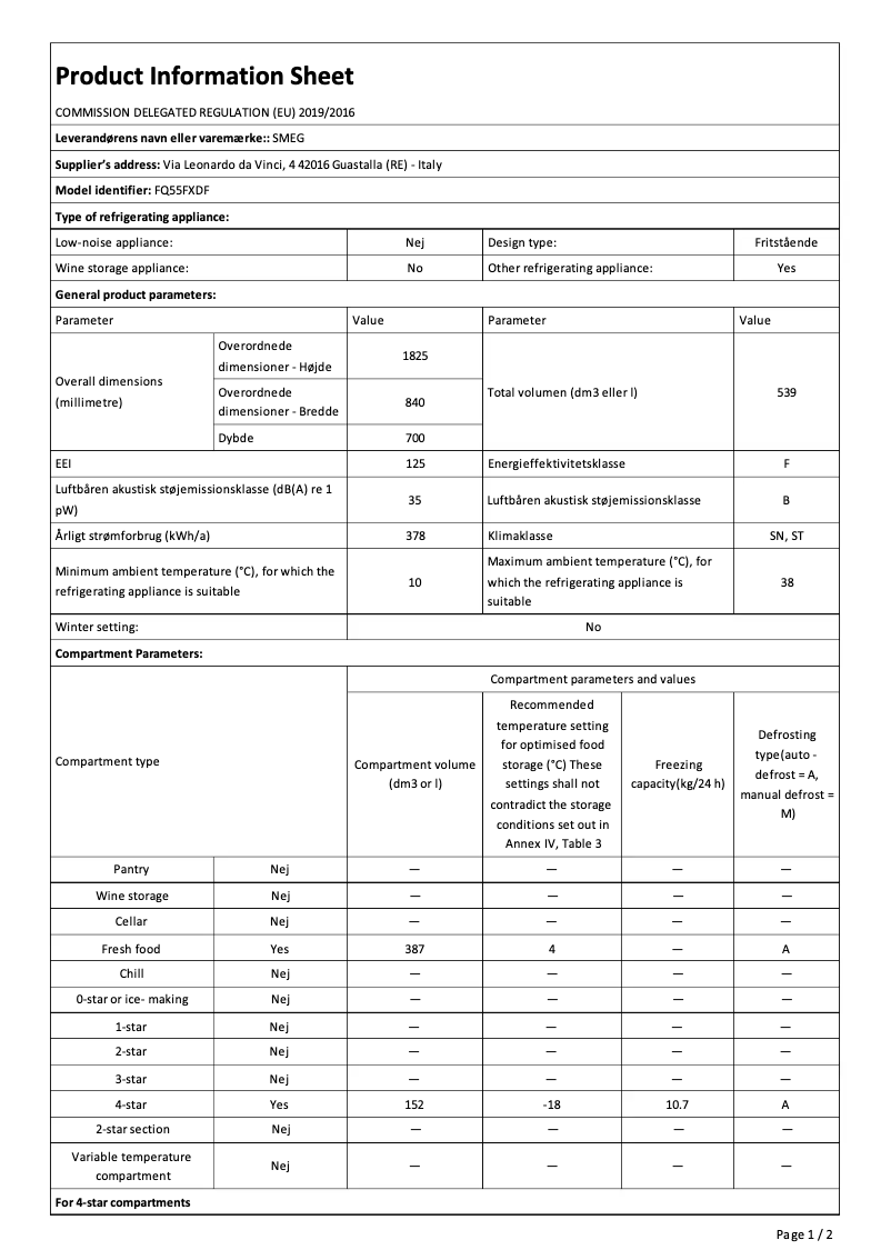 Page 1 de la notice Fiche technique Smeg FQ55FXDF