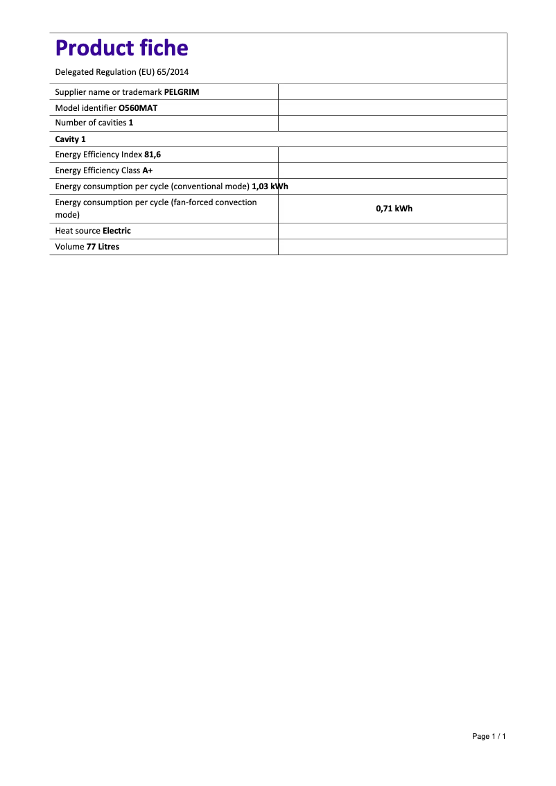 Página 1 del manual Ficha técnica Pelgrim O560MAT