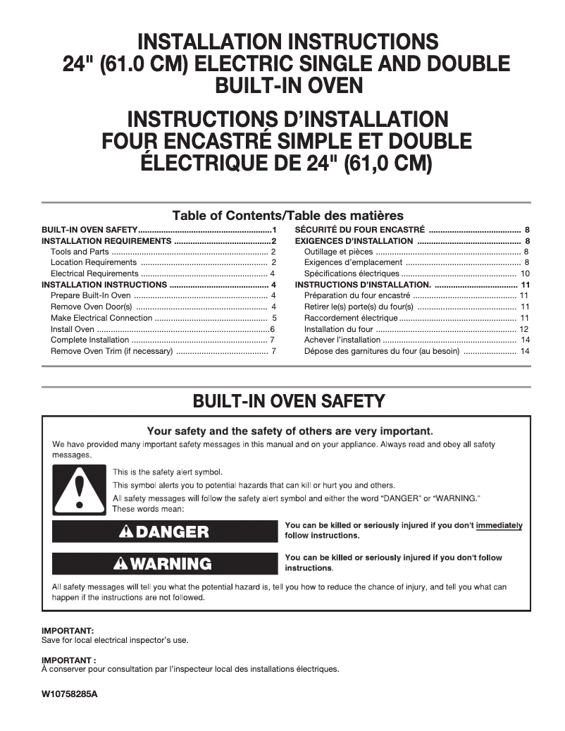 Page 1 de la notice Guide d'installation Whirlpool WOD51ES4EB