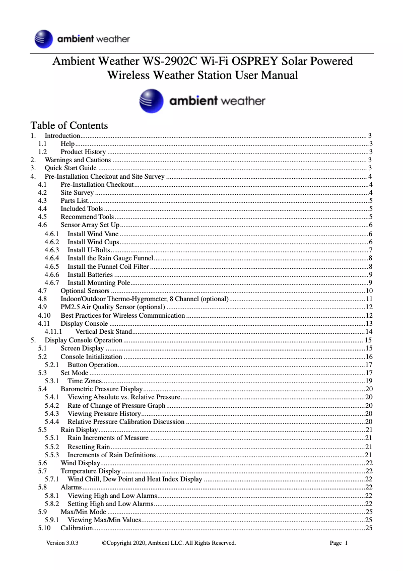 Page 1 de la notice Manuel utilisateur Ambient Weather WS-2902C