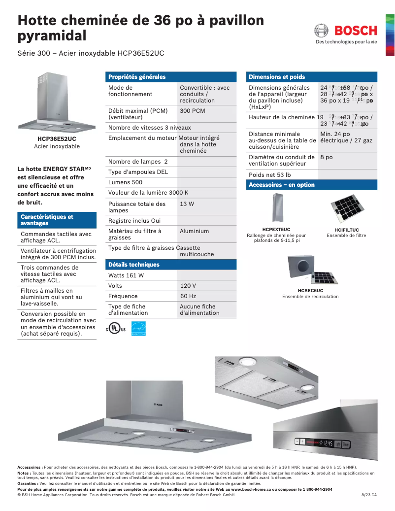 Page 1 of the manual Technical Sheet Bosch HCP36E52UC