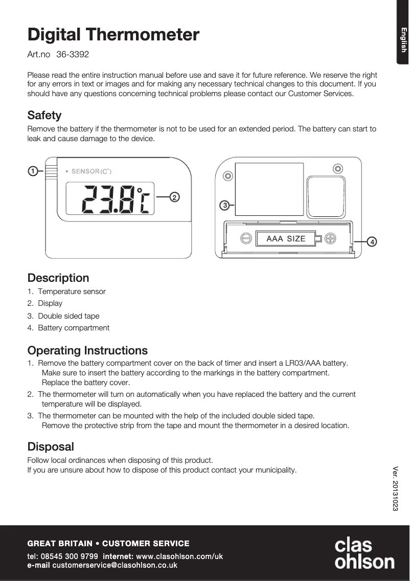 Page 1 de la notice Manuel utilisateur Clas Ohlson 36-3392