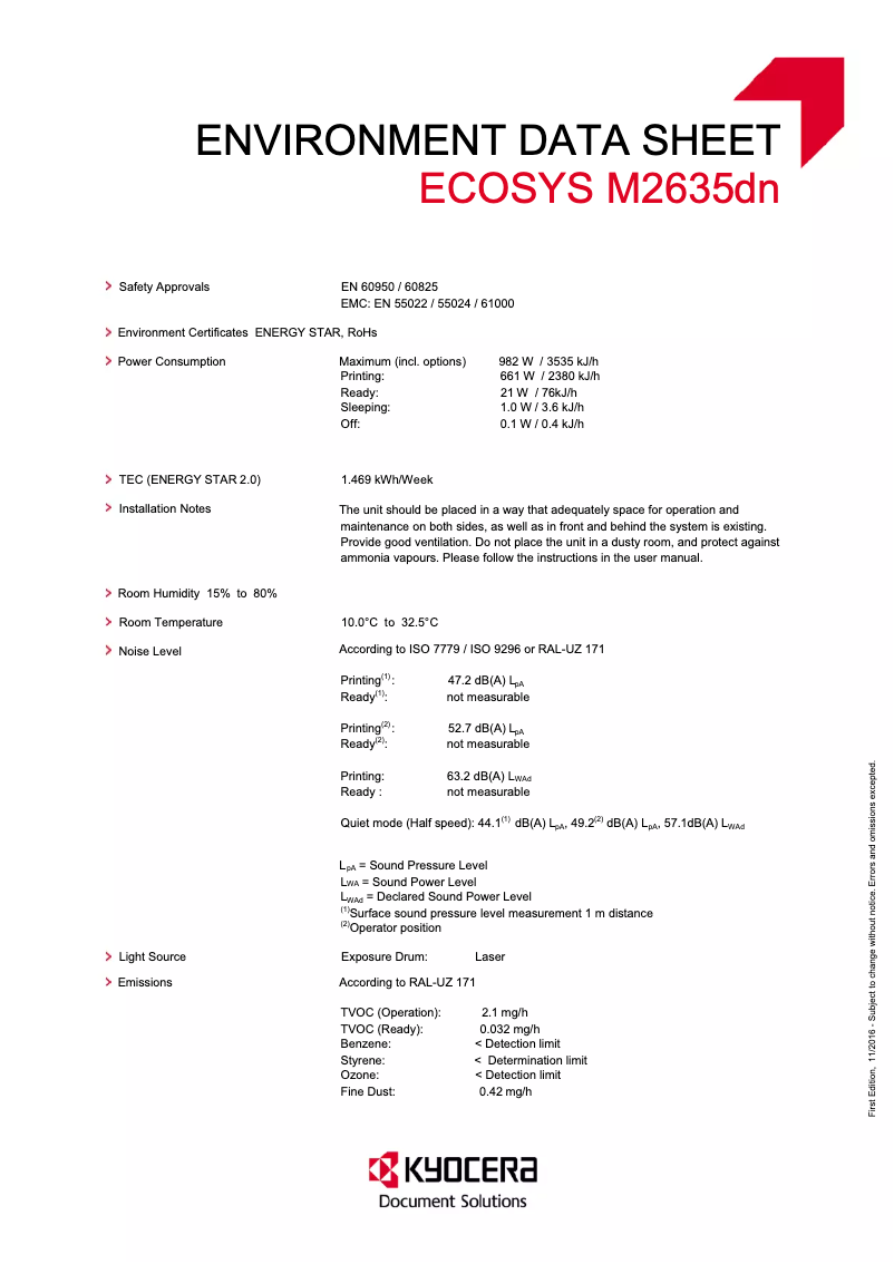 Page 1 de la notice Fiche technique Kyocera ECOSYS M2635dn