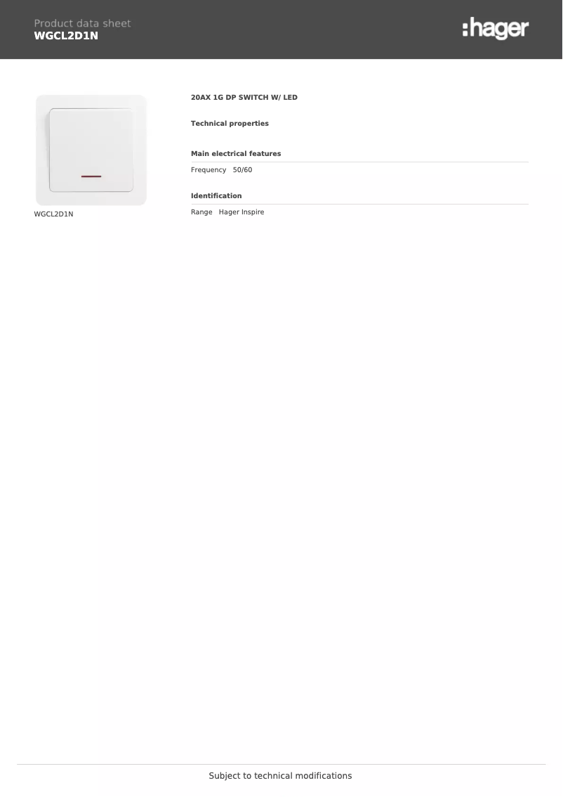 Page 1 de la notice Fiche technique Hager WGCL2D1N