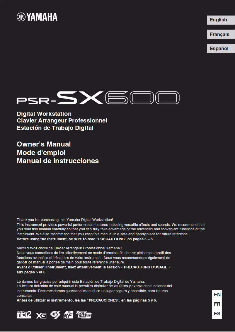 Page 1 de la notice Manuel utilisateur Yamaha PSR-SX600