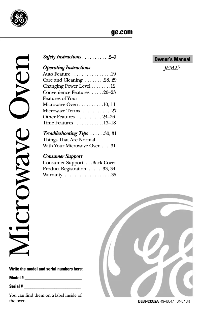 Page 1 of the manual Use and Maintenance Manual GE JEM25WF