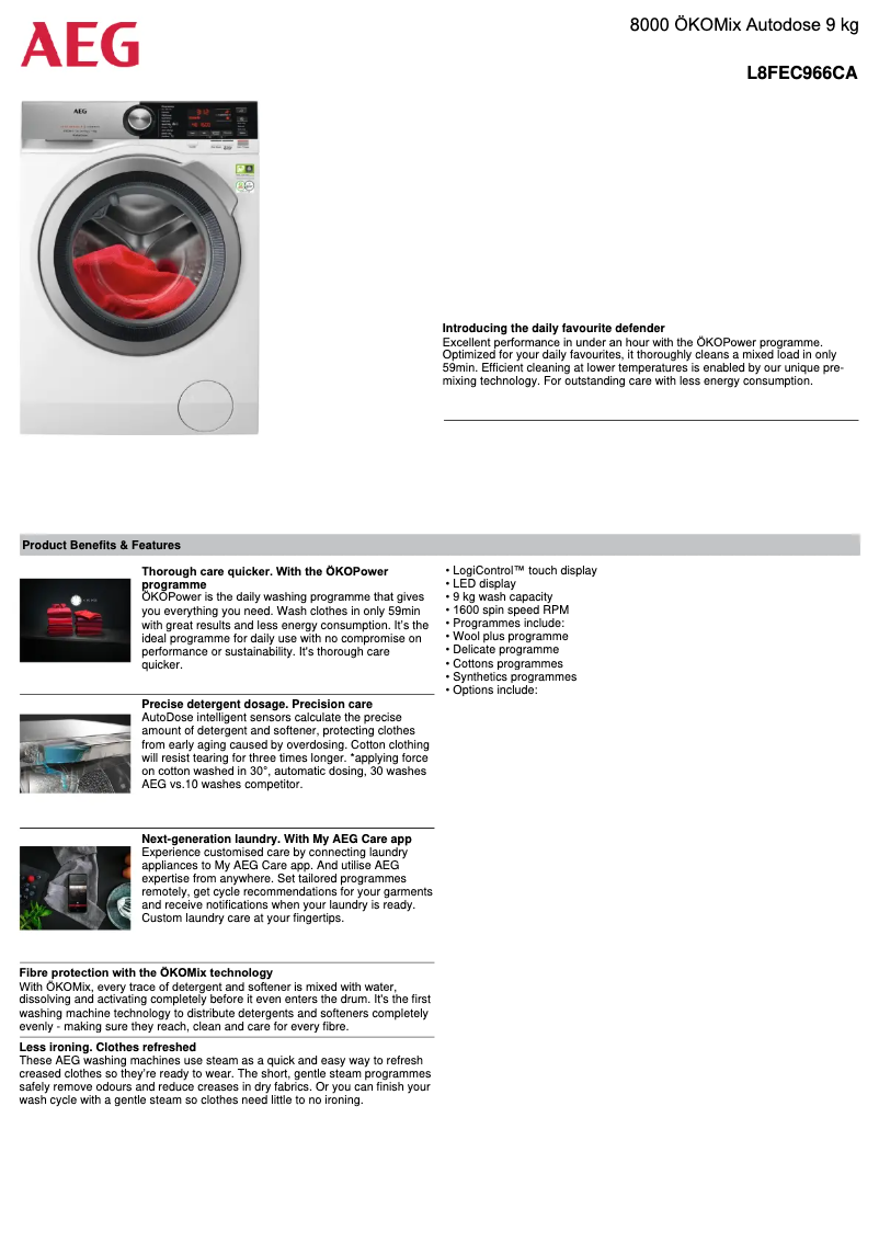 Page 1 de la notice Fiche technique AEG L8FEC966CA