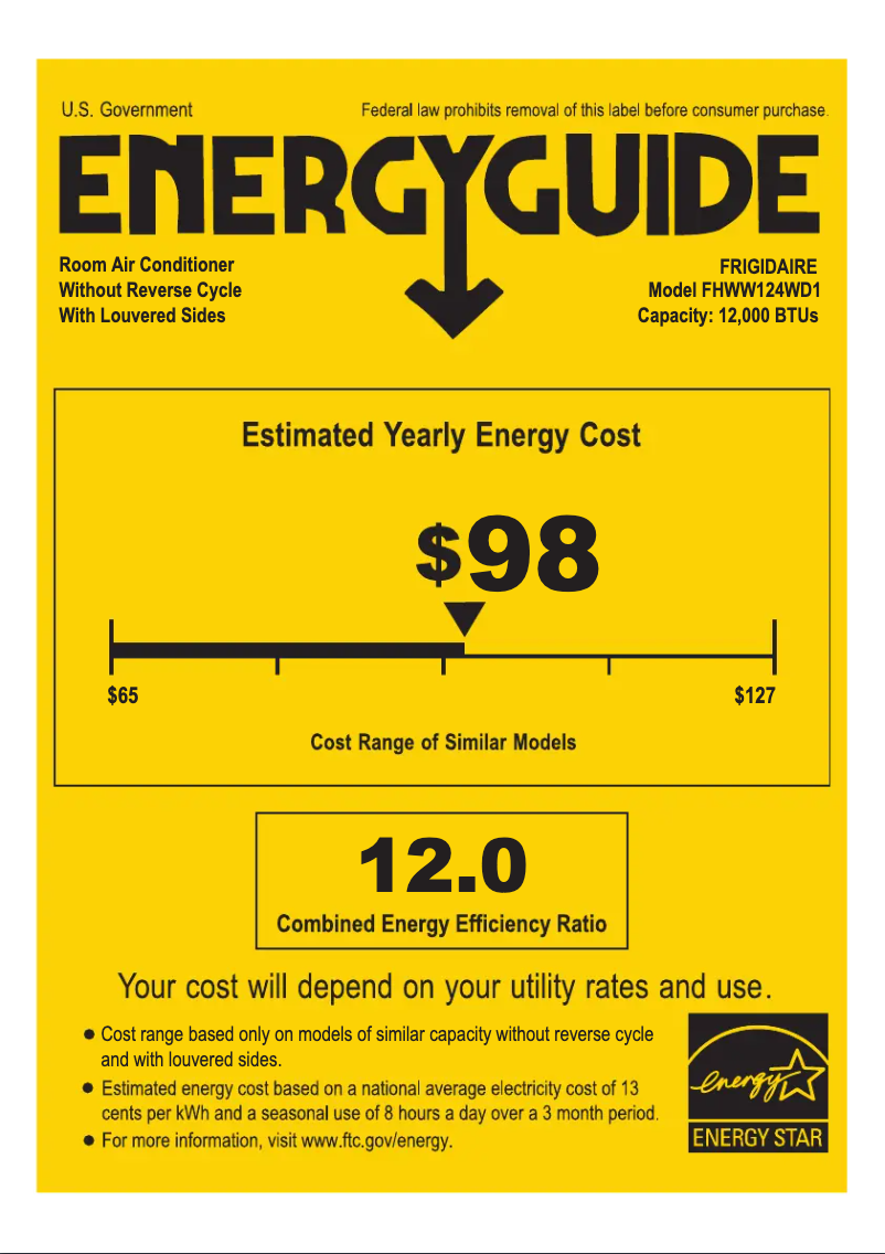 Page 1 de la notice Label énergétique Frigidaire FHWW124WD1