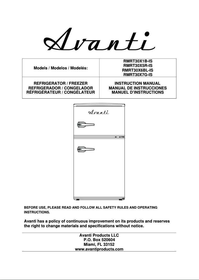 Page 1 de la notice Manuel utilisateur Avanti RMRT30X1B-IS
