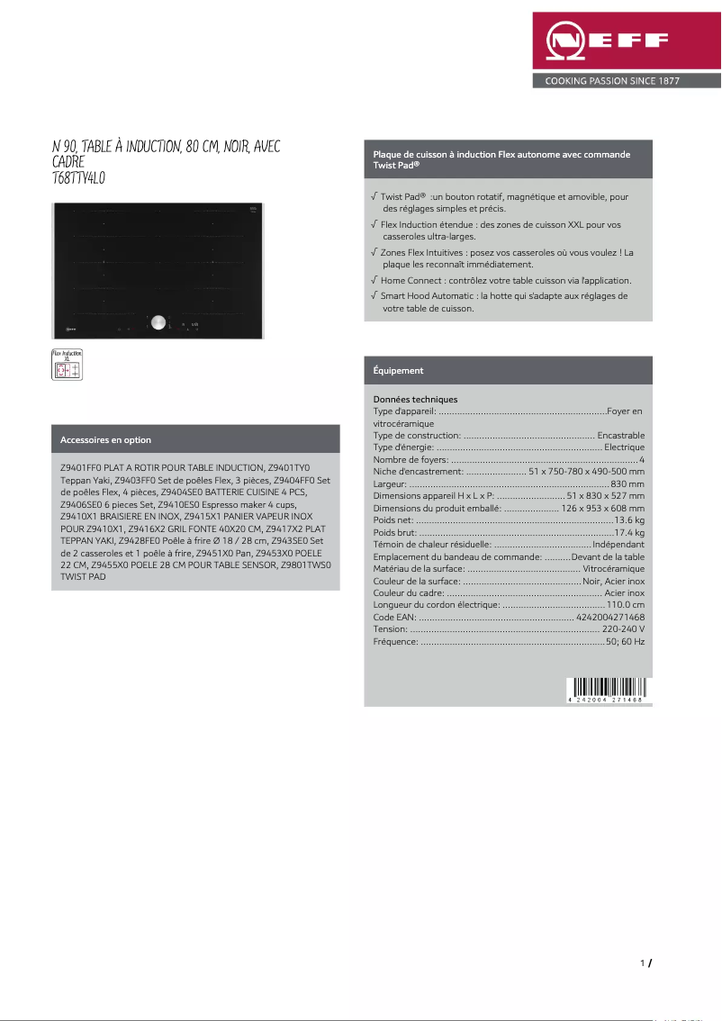 Page 1 of the manual Technical Sheet Neff T68TTY4L0
