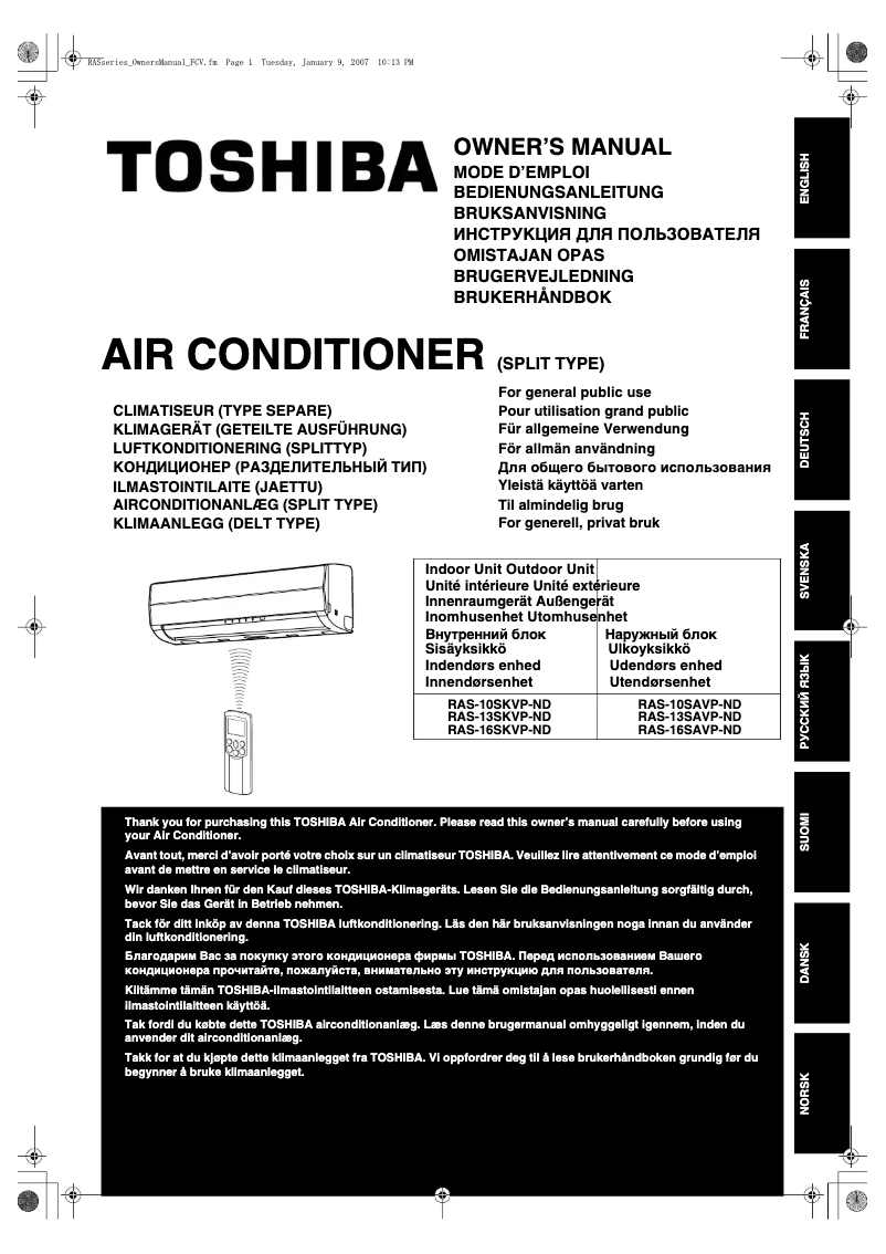 Page 1 de la notice Manuel utilisateur Toshiba RAS-12SKVP-ND