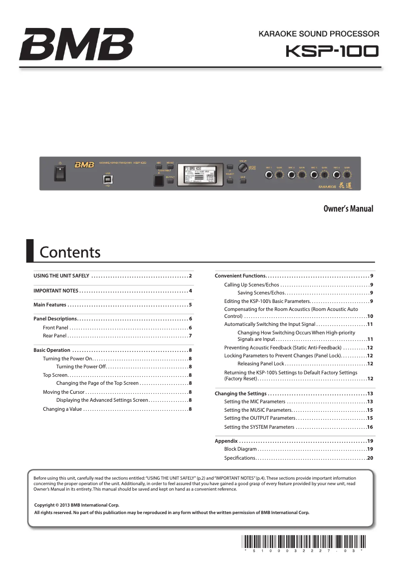 Page 1 de la notice Manuel utilisateur BMB KSP-100