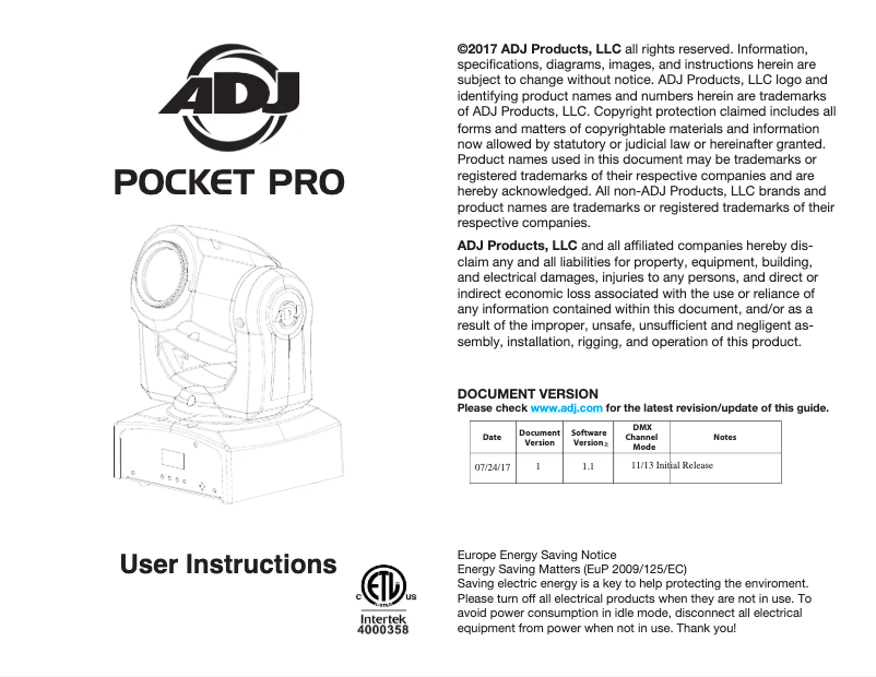 Page 1 de la notice Manuel utilisateur Adj Pocket Pro Pak