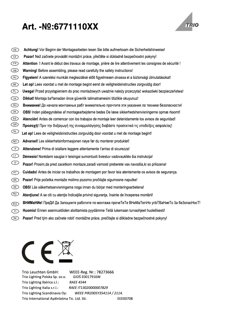 Page 1 de la notice Manuel utilisateur Trio Lighting Pacco 677111001