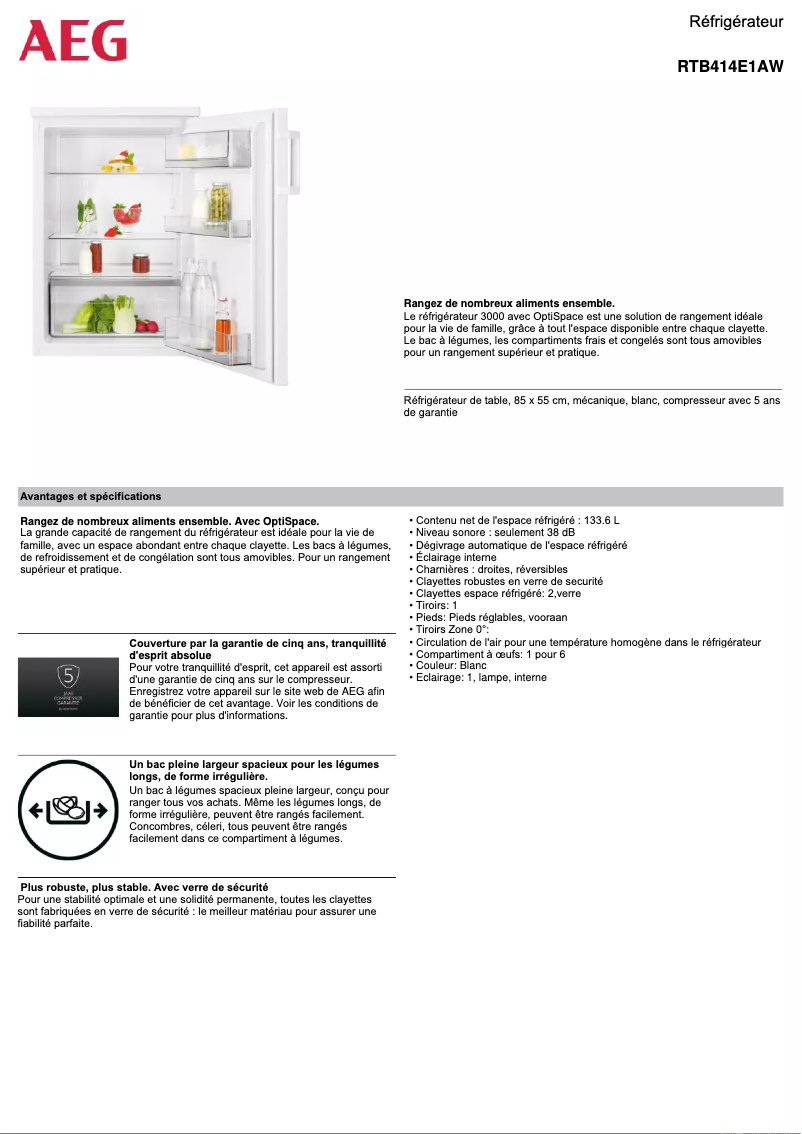 Page 1 de la notice Fiche technique AEG RTB414E1AW