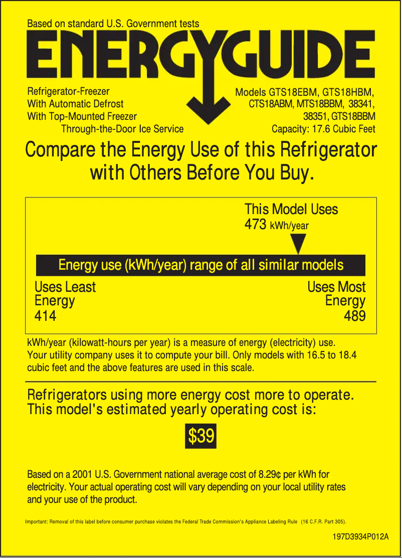 Página 1 del manual Etiqueta energética GE GTS18HBMWW