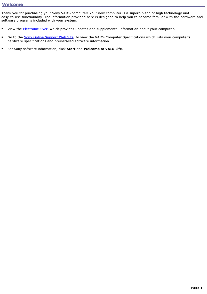 Page 1 de la notice Manuel utilisateur Sony Vaio PCV-RS423P