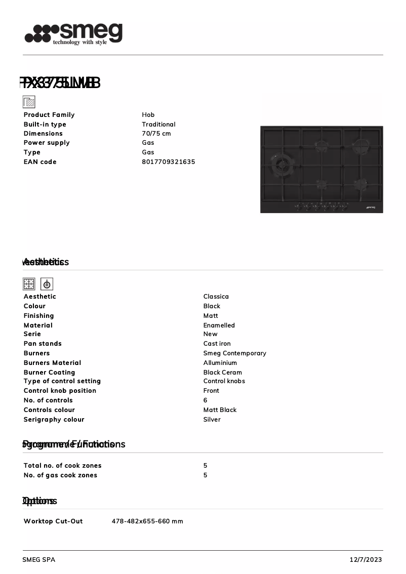 Página 1 del manual Ficha técnica Smeg PX375LMB