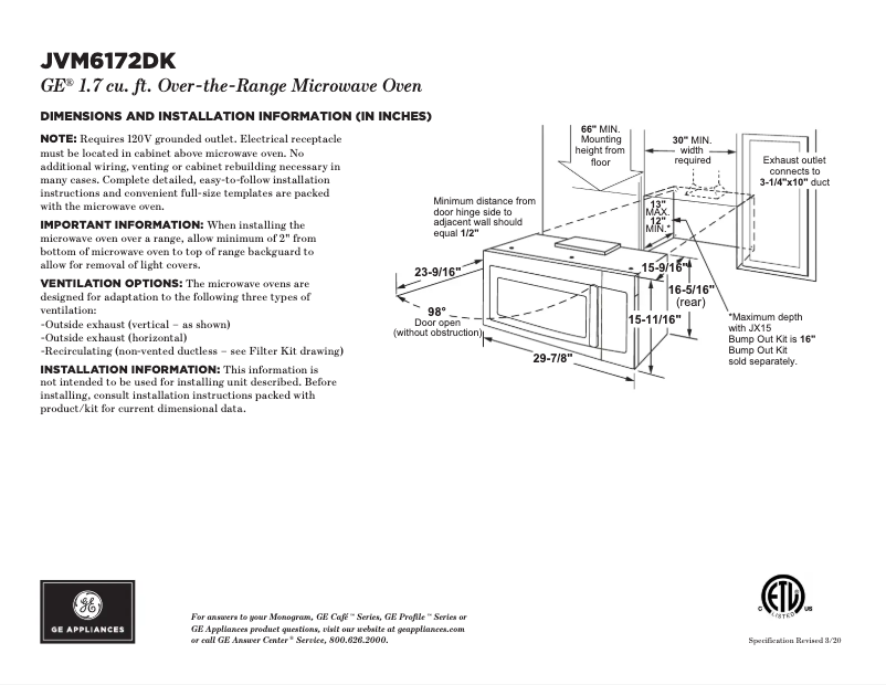 Página 1 del manual Ficha técnica GE JVM6172DKBB